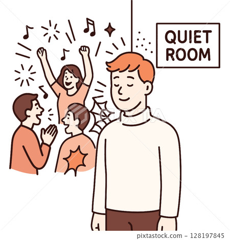 Quiet room illustration with person outside, contrasting noise and calmness 128197845