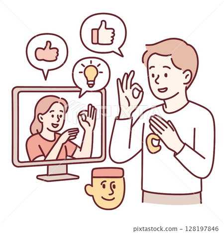 Digital communication, thumbs up, video call, positive interaction, creative ideas expressed 128197846