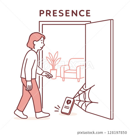 Illustration of person entering room, noticing phone caught in spider web, symbolizing presence Illustration of person entering room, noticing phone caught in spider web, symbolizing presence 128197850