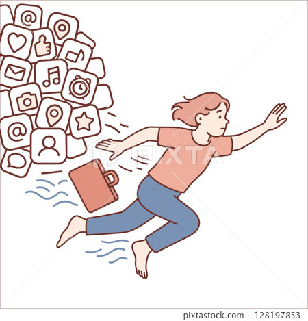 Person running away from social media icons, seeking freedom and simplicity in life Person running away from social media icons, seeking freedom and simplicity in life 128197853