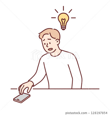Person looking at smartphone with light bulb above their head, symbolizing idea or inspiration Person looking at smartphone with light bulb above their head, symbolizing idea or inspiration 128197854