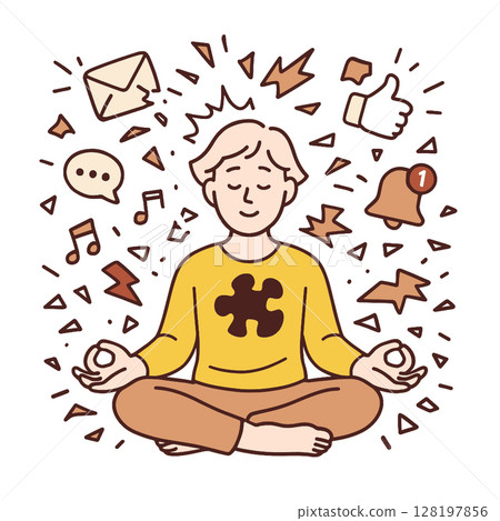 Mindful meditation illustration with person surrounded by various digital icons and symbols Mindful meditation illustration with person surrounded by various digital icons and symbols 128197856