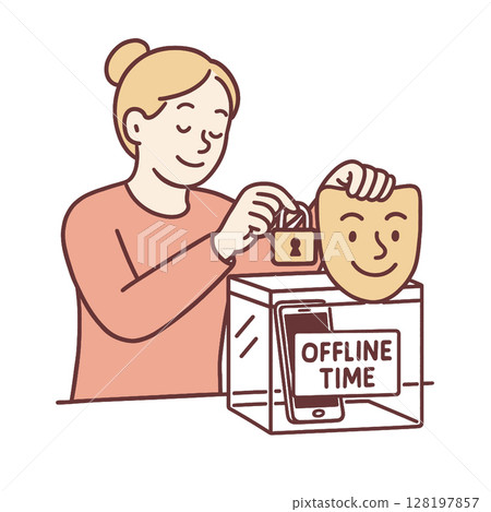 Person locking away phone in box for offline time, promoting digital detox and mindfulness 128197857