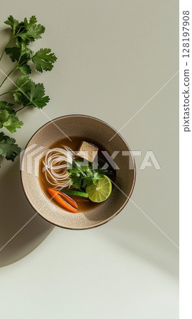 Delicious Vietnamese tofu pho with fresh cilantro and lime in a ceramic bowl 128197908