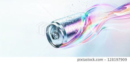 Hyper-realistic mockup of a silver energy drink can levitating with vibrant light trails 128197909