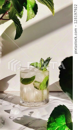 Refreshing tropical mojito cocktail with mint and lime served in a chilled glass 128197922