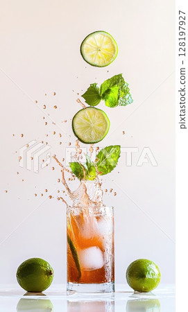 Mai Tai cocktail splashes high with lime, mint, and dynamic energy against a soft white backdrop 128197927