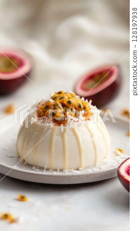 Exquisite coconut mousse dessert topped with passionfruit pulp and toasted coconut flakes 128197938