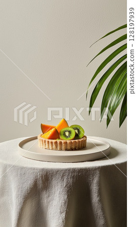 Fruit tart with kiwi and mango slices in a tropical setting on a serene day 128197939