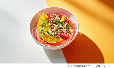 Papaya mousse topped with granola and thin papaya slice is presented in a white ceramic bowl 128197942