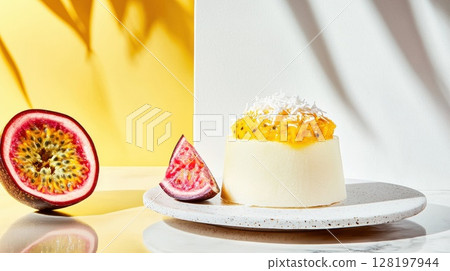 Indulgent coconut mousse topped with vibrant passionfruit sauce on elegant marble setting 128197944