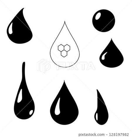 Water honey drop isolated set. Vector graphic line illustration. Silhouette sign for logo, print, comics, fashion, pop art, boards, design, stickers, decoration, posters 128197982