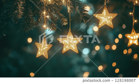 Glittering star ornaments hanging on festive tree with bokeh lights in the background, AI Generative 128198007