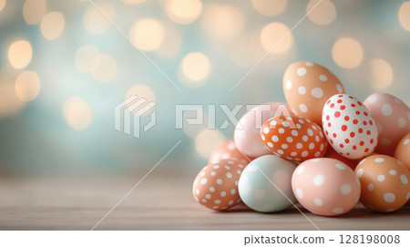 Colorful pastel polka dot Easter eggs in soft focus with bokeh lights cheerful festive decoration, AI Generative 128198008
