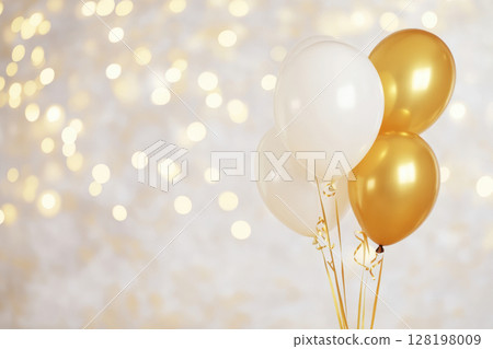 Golden and white balloons with soft bokeh lights festive celebration background, AI Generative 128198009