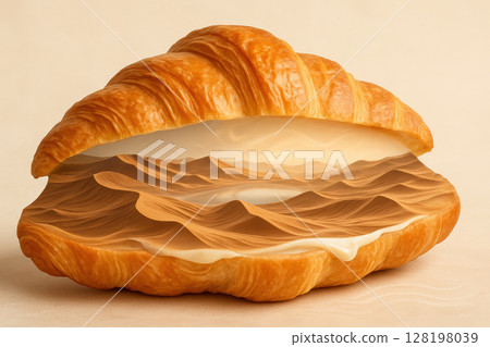 Surreal fast food croissant filled with non edible layered desert landscape, imaginative food art combining pastry and fantasy elements, AI Generative 128198039