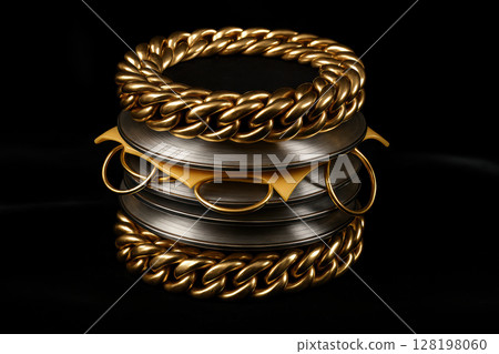 Bold gold chain and metallic rings elegantly stacked on polished silver discs with dramatic reflections against a black background, AI Generative 128198060