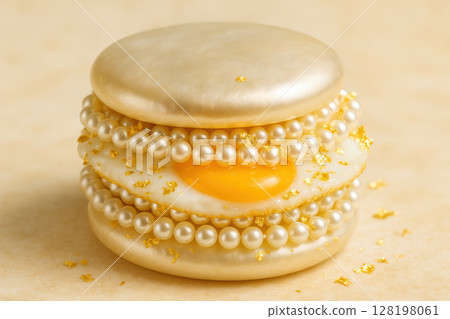 Luxurious pearl adorned macaron dessert with golden edible accents and a fried egg center on a creamy background, AI Generative 128198061