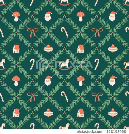 Vintage seamless Christmas pattern with Santa, ornaments, rocking horse, candy canes and fir branches on green background 128198068