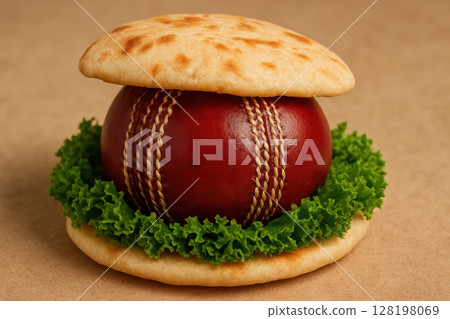 Cricket ball creatively presented as a sandwich with lettuce and bun on neutral background, blending sports and food concepts, AI Generative Cricket ball creatively presented as a sandwich with lettuce and bun on neutral background, blending sports and food concepts, AI Generative 128198069