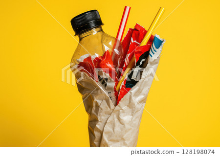 Crushed plastic bottle and colorful straws entangled with paper against vibrant yellow background symbolizes waste and recycling issues, AI Generative 128198074