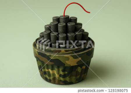 Creative camouflage themed cupcake with stacked black cylinders and a red wire on green background, concept danger dessert, AI Generative 128198075