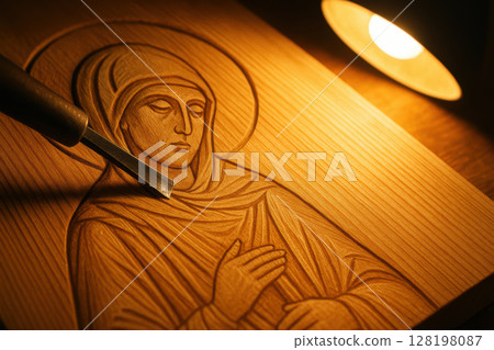 Craftsman carving religious icon of serene woman in wood panel under focused light, creating intricate handmade artwork with a chisel, AI Generative 128198087