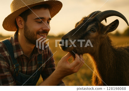 Smiling young man in straw hat gently petting a goat in a sunlit rural field during golden hour, enjoying peaceful countryside life, AI Generative 128198088