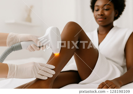 Professional laser hair removal treatment on woman's legs in modern aesthetic clinic by certified specialist using advanced technology, AI Generative 128198109