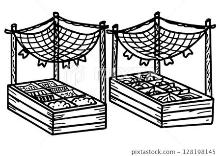 Outdoor vegetable and fruit market stalls with canopy fresh produce assortment in wooden crates, hand drawn sketch, AI Generative 128198145
