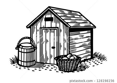 Rustic wooden shed with basket of apples and water well, vintage rural hand drawn illustration, AI Generative Rustic wooden shed with basket of apples and water well, vintage rural hand drawn illustration, AI Generative 128198156