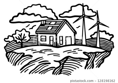 Eco friendly house with solar panels and wind turbines for sustainable renewable energy in rural landscape, AI Generative 128198162