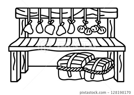 Rustic wooden bench with hanging sausages and cheese, farm food ingredients, outline black white drawing, AI Generative 128198170