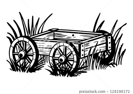 Wooden wagon cart in tall grass, vintage rural transport illustration with old rustic wheels, AI Generative 128198172