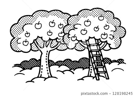 Apple trees with ripe fruit and ladder harvest season, orchard landscape, rural countryside, simple line drawing, AI Generative Apple trees with ripe fruit and ladder harvest season, orchard landscape, rural countryside, simple line drawing, AI Generative 128198245