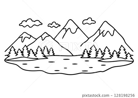 Mountain landscape with lake and evergreen trees simple black and white nature illustration, outdoor scenery, AI Generative 128198256