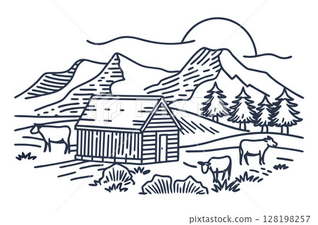 Rustic cabin in mountain landscape with grazing cows and pine trees rural countryside nature scenery scene, AI Generative Rustic cabin in mountain landscape with grazing cows and pine trees rural countryside nature scenery scene, AI Generative 128198257