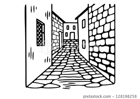 Narrow alleyway with stone walls and cobblestone pavement, old town architecture, hand drawn sketch illustration, AI Generative Narrow alleyway with stone walls and cobblestone pavement, old town architecture, hand drawn sketch illustration, AI Generative 128198258