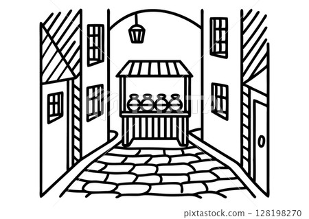 Old town street with stone pavement and market stall historic european alley architecture, lantern, jars display, AI Generative 128198270