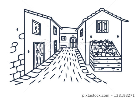 Traditional village street with rustic houses and outdoor fruit stand hand drawn rural alley illustration, AI Generative 128198271