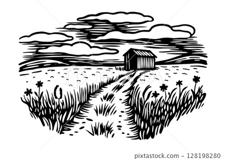 Countryside barn on rural path with cloudy sky rustic fields, wildflowers, solitary shed in black and white illustration, AI Generative 128198280