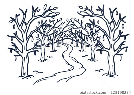 Leafless tree avenue with winding path, hand drawn sketch winter nature, forest outline illustration, linear, AI Generative Leafless tree avenue with winding path, hand drawn sketch winter nature, forest outline illustration, linear, AI Generative 128198284
