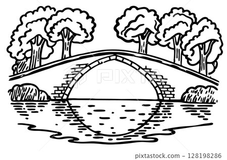 Curved stone bridge spanning river with tree lined banks arched reflection in calm water, tranquil natural landscape, AI Generative 128198286