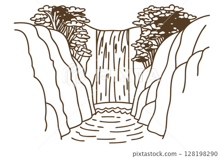Majestic waterfall flowing between rocky cliffs with lush trees above natural landscape, tranquil flowing water, AI Generative 128198290