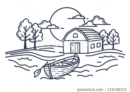 Barn with rowboat on riverbank, rural landscape with trees and sun countryside farmhouse scene outline, AI Generative 128198322