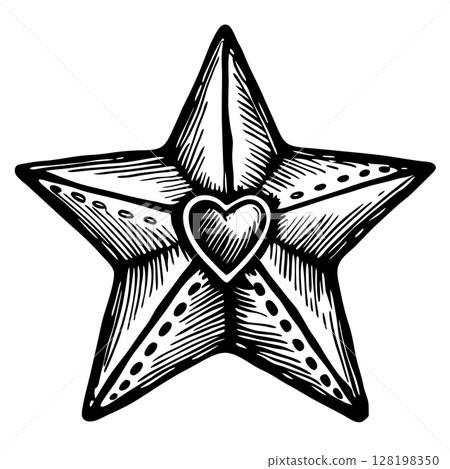 Hand drawn star with heart center, vintage black and white illustration, decorative line art design, AI Generative 128198350
