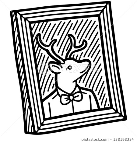 Framed deer portrait wearing bow tie hand drawn animal illustration, quirky retro wall art concept, AI Generative 128198354