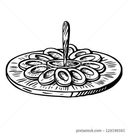 Traditional spinning top and wooden plate with carved geometric pattern hand drawn sketch toy illustration, AI Generative 128198381