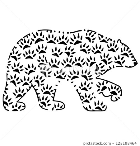 Bear silhouette made of paw print patterns abstract animal design, wildlife concept, creative black and white art, AI Generative 128198464
