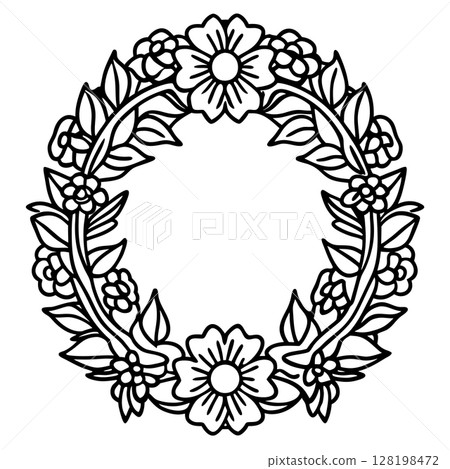 Floral wreath outline illustration with blooming flowers and leaves, decorative botanical circle design, AI Generative 128198472